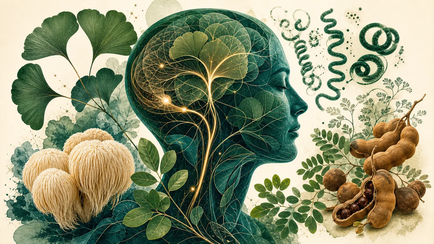 Editorial collage of a head silhouette, botanical leaves and soft light pathways
