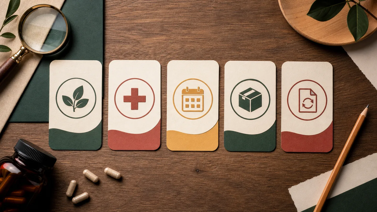 Buyer checklist desk with abstract ingredient, interaction, routine, delivery and return icons