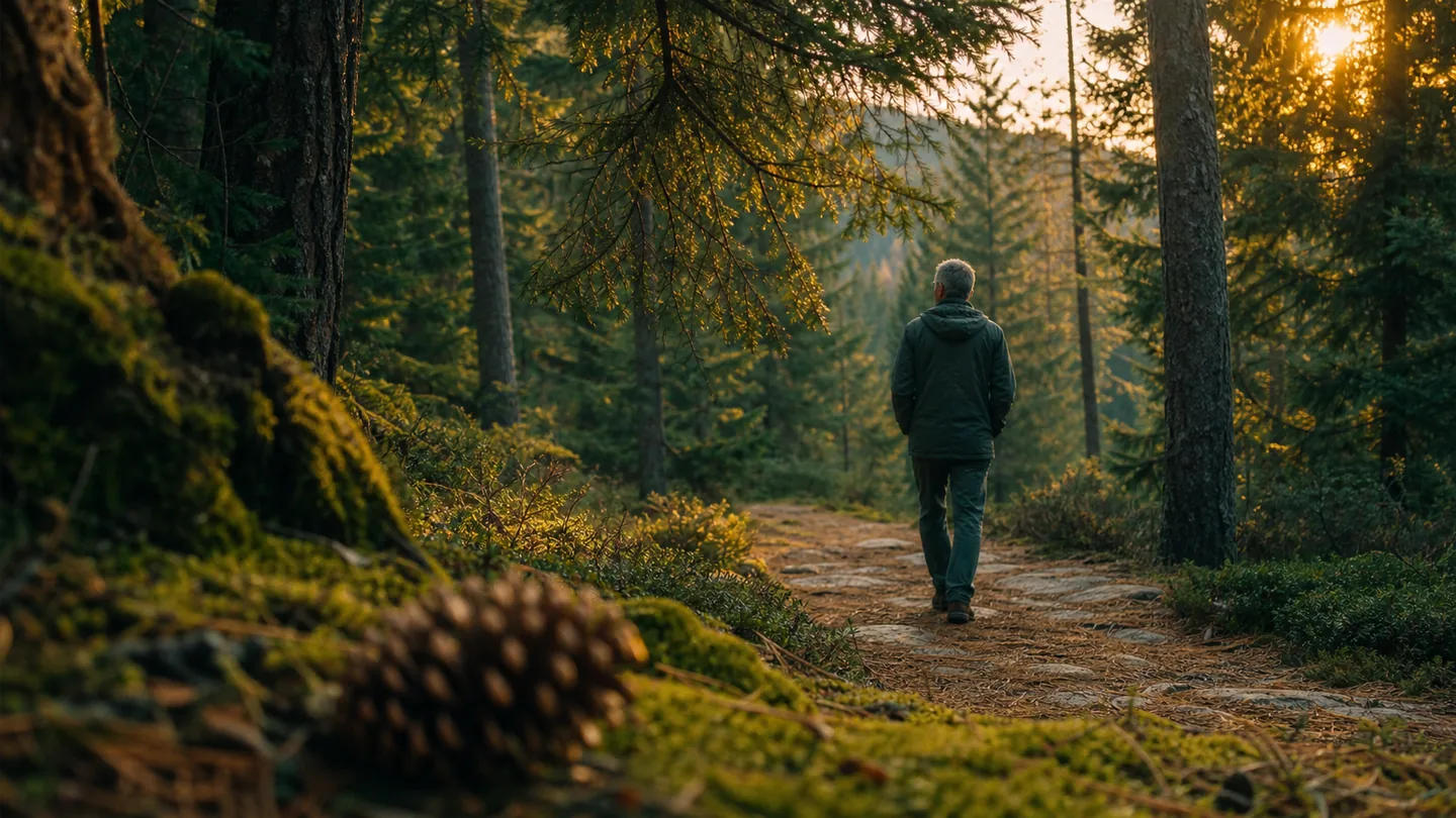 Adult taking a quiet evening walk through a softly lit forest
