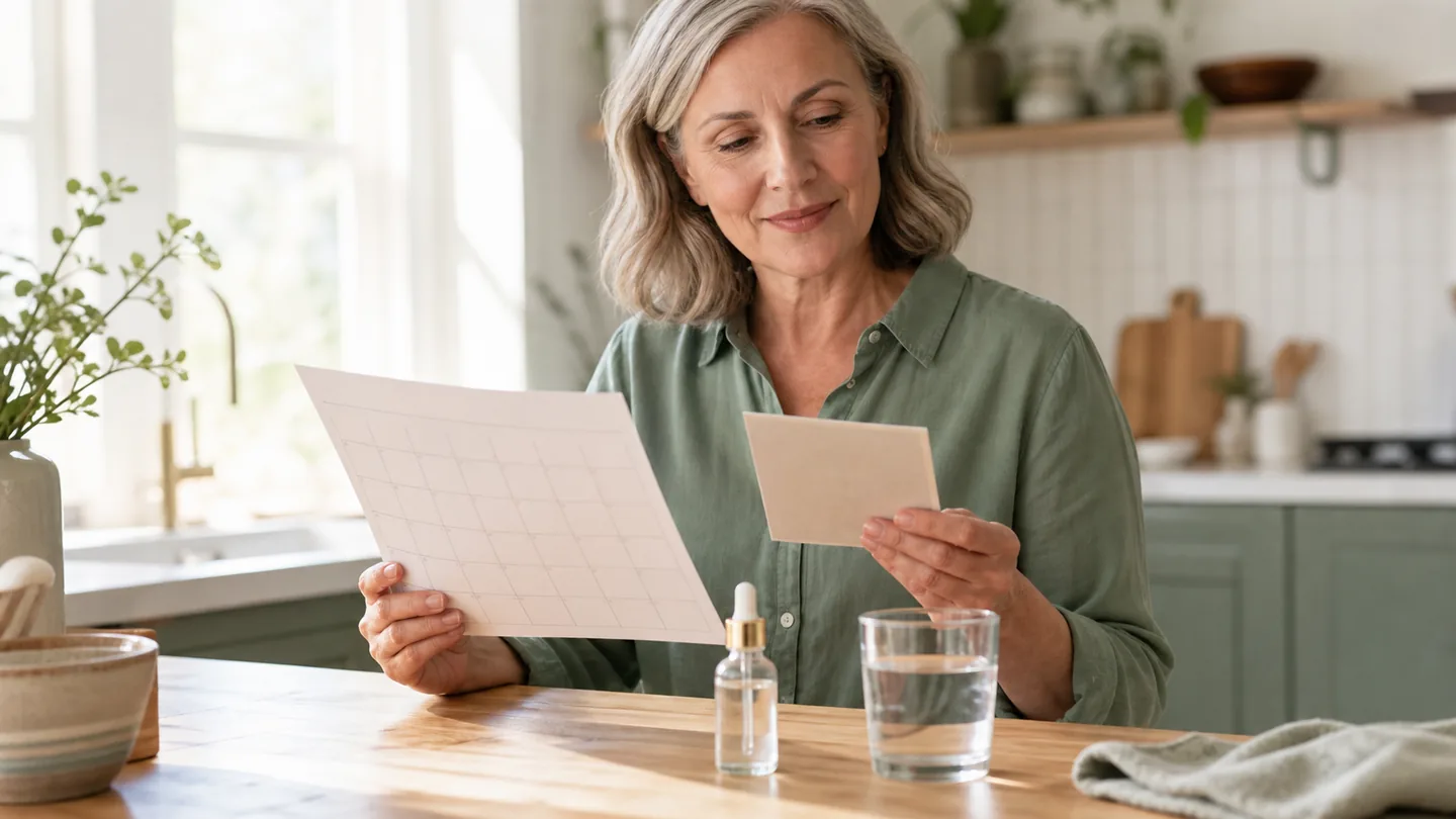 Adult checking a paper wellness calendar beside water and an unbranded dropper